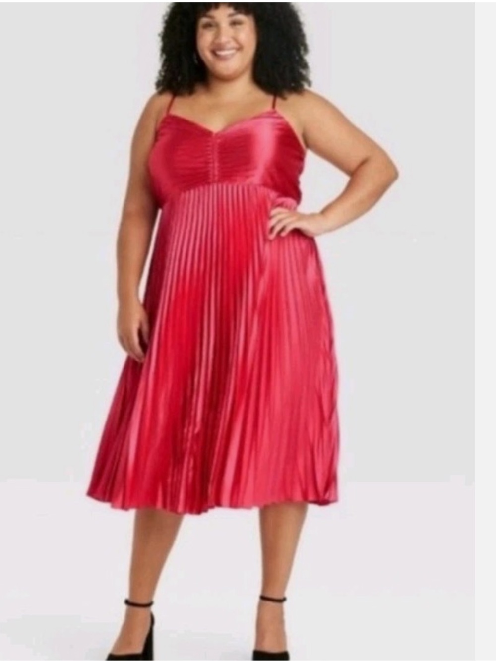 Ava & Viv Satin Pleated Spaghetti Strap Dress in Hot Pink